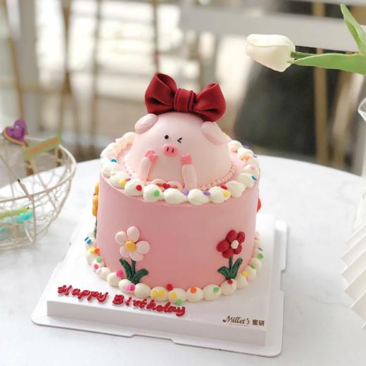 P019 “红色蝴蝶结粉红小猪”小双层蛋糕 商品图1