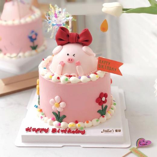 P019 “红色蝴蝶结粉红小猪”小双层蛋糕 商品图0