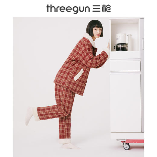 Threegun三枪 【绒布夹棉】翻领开襟长袖长裤女士家居套家居服-82030D011 商品图3