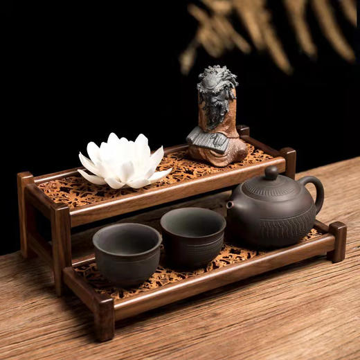 核美系列 双层杯架大号 核桃木+黑胡桃木 品茗杯架茶具收纳杯托展示架 商品图1