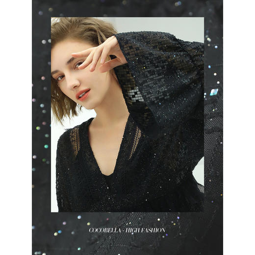 COCOBELLA璀若星河优雅提花亮片连衣裙女遮肉V领长袖娃娃裙FR88 商品图2