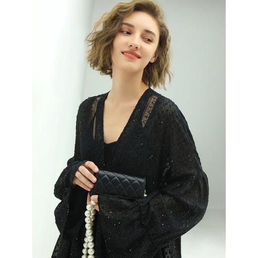 COCOBELLA璀若星河优雅提花亮片连衣裙女遮肉V领长袖娃娃裙FR88 商品图3