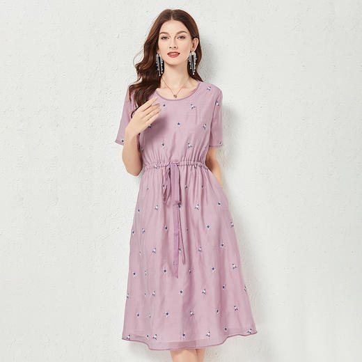 丁摩 双层时尚气质沙滩裙刺绣天丝短袖连衣裙大码女装裙子夏Q122001仙女简约连衣裙收腰中长款DY199 商品图7