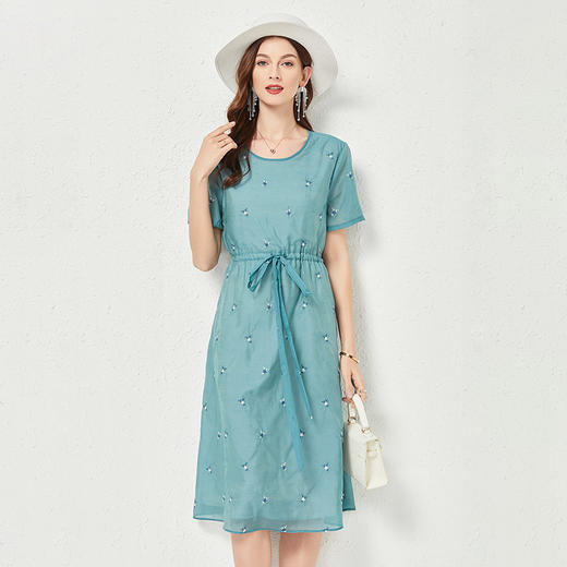丁摩 双层时尚气质沙滩裙刺绣天丝短袖连衣裙大码女装裙子夏Q122001仙女简约连衣裙收腰中长款DY199 商品图3