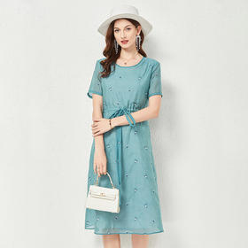 丁摩 双层时尚气质沙滩裙刺绣天丝短袖连衣裙大码女装裙子夏Q122001仙女简约连衣裙收腰中长款DY199