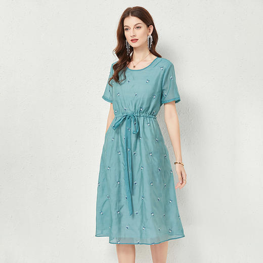丁摩 双层时尚气质沙滩裙刺绣天丝短袖连衣裙大码女装裙子夏Q122001仙女简约连衣裙收腰中长款DY199 商品图2