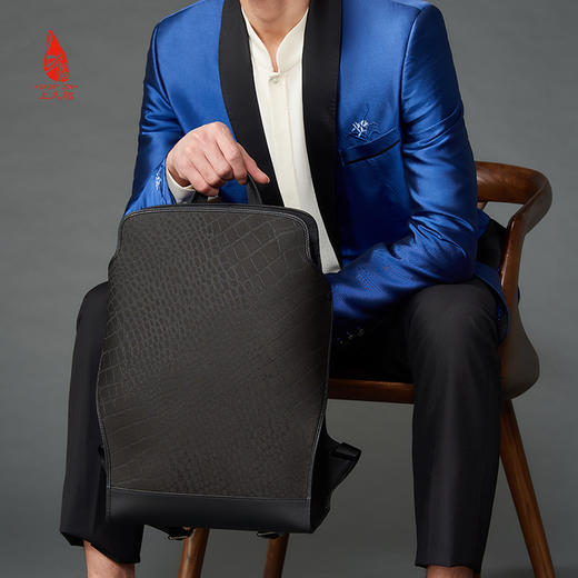 SAINTJOY/上久楷 宋锦双肩包 鳄鱼纹 黑色BMS21A0401 商品图3