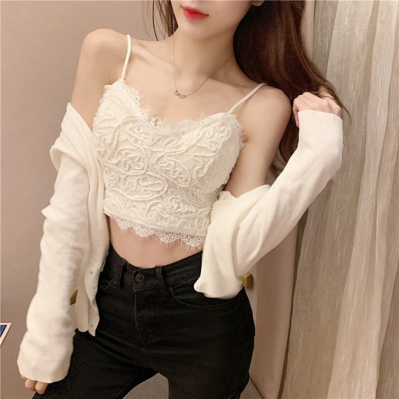 网红款蕾丝吊带背心带胸垫露脐抹胸内衣少女内搭裹胸短款上衣潮