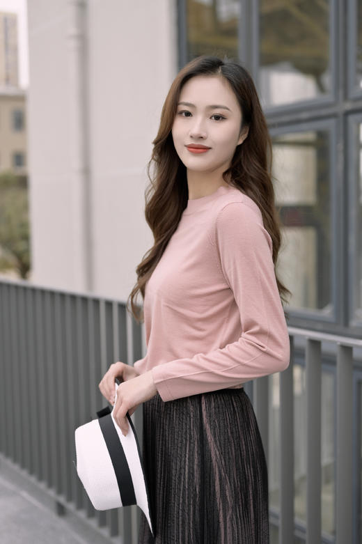 【热销】臣禾【100%美丽诺羊毛】精纺斜肩圆领针织衫 通勤针织上衣H221090258 商品图0