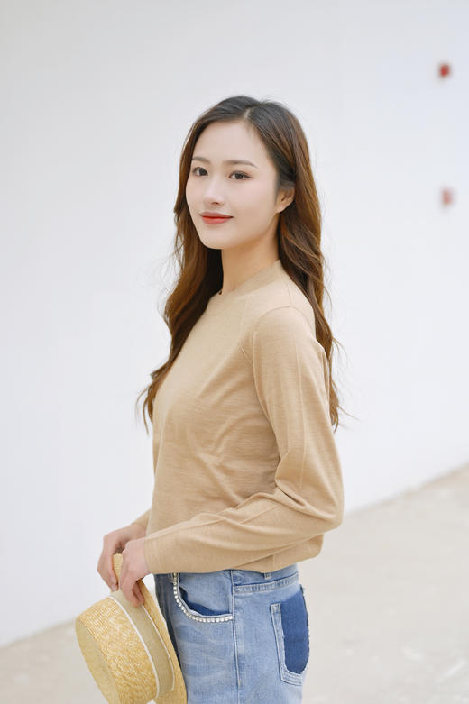 【热销】臣禾【100%美丽诺羊毛】精纺斜肩圆领针织衫 通勤针织上衣H221090258 商品图4