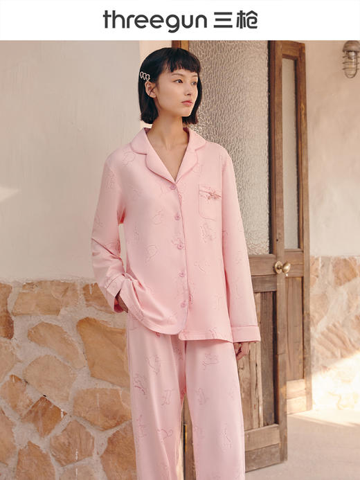 Threegun三枪 【水柔棉】翻领开襟长袖长裤女士家居套家居服-81852D011 商品图5