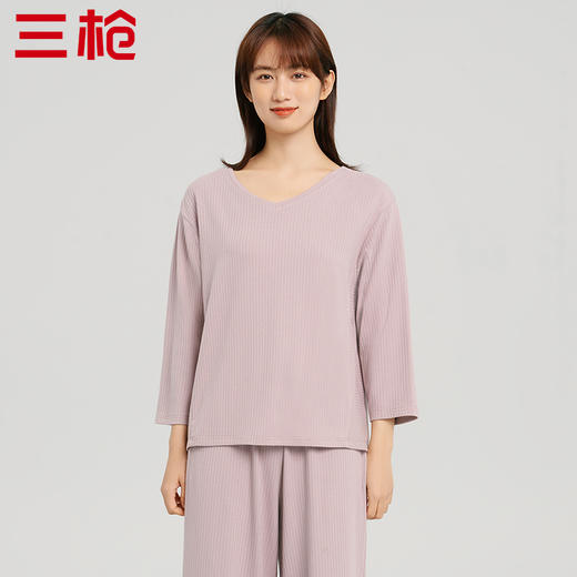 Threegun三枪 【爽滑竹棉】抽条纹V领女士八分袖上衣打底衫-24080A011 商品图3