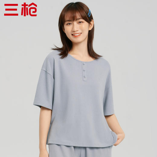 Threegun三枪 【爽滑竹棉】抽条纹圆领女士中袖上衣打底衫-24078A011 商品图0