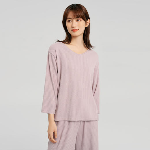 Threegun三枪 【爽滑竹棉】抽条纹V领女士八分袖上衣打底衫-24080A011 商品图4