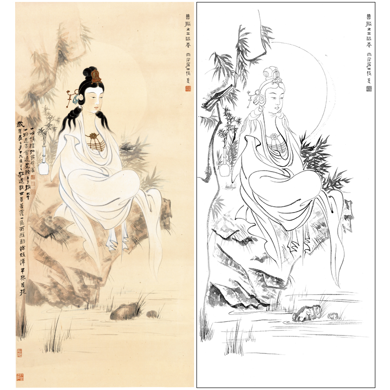 【大彩图】张大千工笔画白描底稿《观音造像》佛像菩萨临摹勾线高清