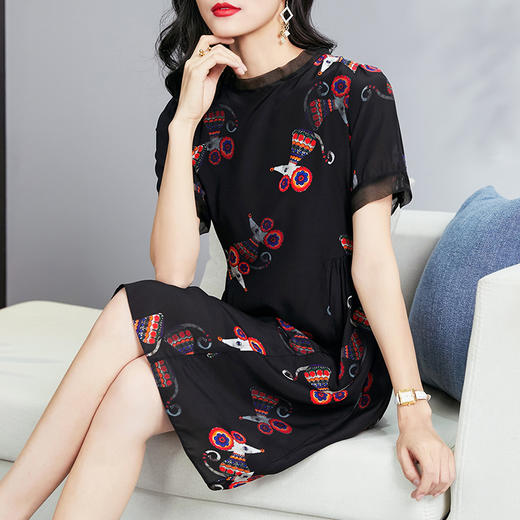 丁摩 夏季新款收腰真丝连衣裙宽松A字桑蚕丝连衣裙Q122038HS-DS399 商品图3