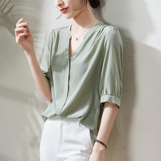 丁摩 真丝衬衫中袖套头衫桑蚕丝上衣V领衬衣Q122044 商品图1