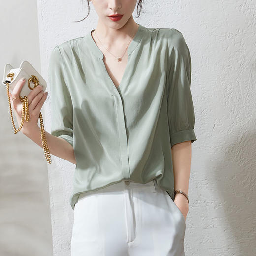 丁摩 真丝衬衫中袖套头衫桑蚕丝上衣V领衬衣Q122044 商品图2