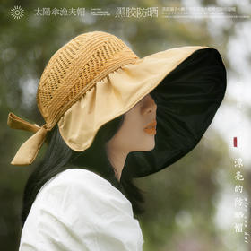 【热卖】黑胶半空顶防晒渔夫帽，可扎马尾草编遮阳帽，后空顶大帽檐遮脸防晒帽【223-6】