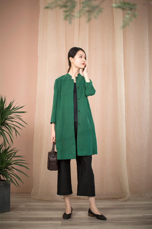 丁摩 龟纹香云纱真丝简洁风格中长款风衣外套Q122051 商品图4