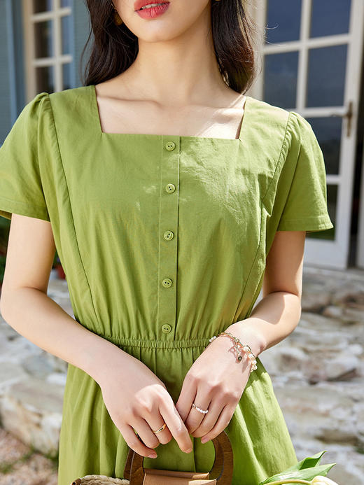 【专属特价】绿色方领连衣裙女夏新款盐系泡泡袖纯棉气质收腰裙子 商品图3