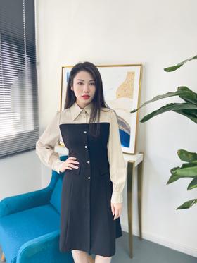 臣禾撞色单排扣设计显瘦连衣裙K221020702 现货