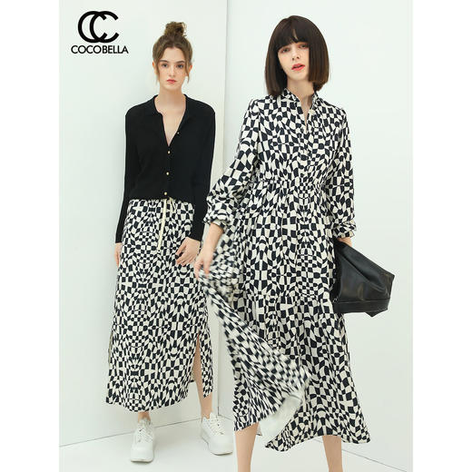 【限时秒杀】COCOBELLA时尚棋盘格高腰连衣裙女通勤OL长袖垂感衬衫裙FR518 商品图0