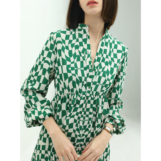 【限时秒杀】COCOBELLA时尚棋盘格高腰连衣裙女通勤OL长袖垂感衬衫裙FR518 商品图1