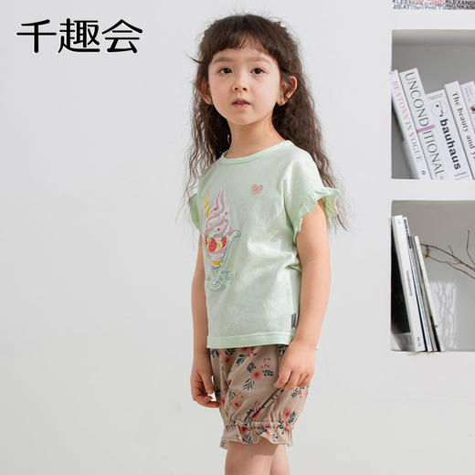 【短袖T恤】千趣会夏款儿童短袖童趣清新女童荷叶边袖轻薄柔软棉质T恤 商品图3