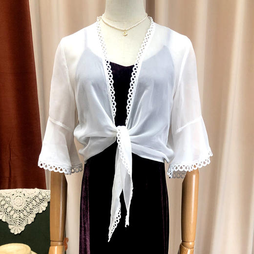 丁摩 真丝开衫防晒衫空调衫蕾丝边系带时尚随性桑蚕丝小开衫Q122006-DR299 商品图0