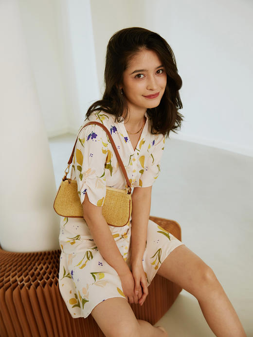 HeyDress原创柠檬碎花连衣裙女夏季法式收腰褶皱短款气质印花裙子 商品图0
