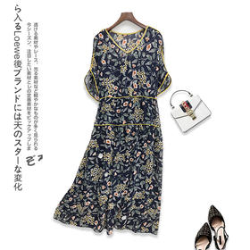 丁摩 V领宽松印花连衣裙沙滩裙时尚飘逸雪纺连衣裙Q122028