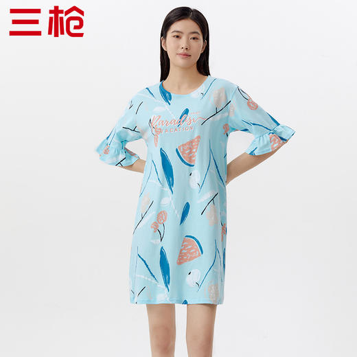 Threegun三枪 【舒感棉】圆领中袖女士家居裙睡裙-70456A011 商品图0