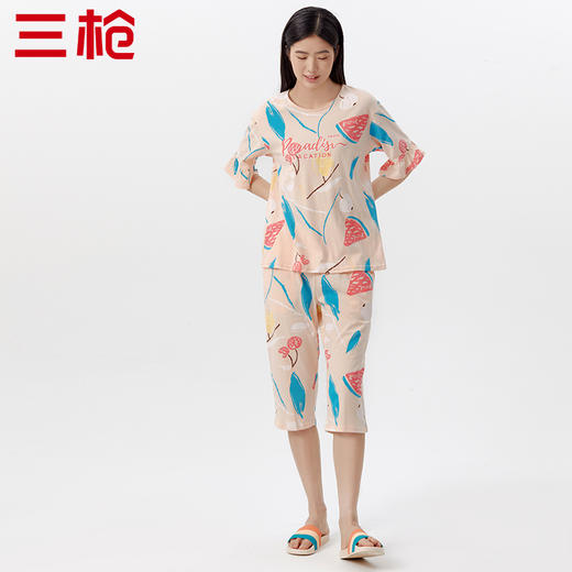 Threegun三枪 【舒感棉】圆领中袖中裤女士家居套家居服-82074D011 商品图1