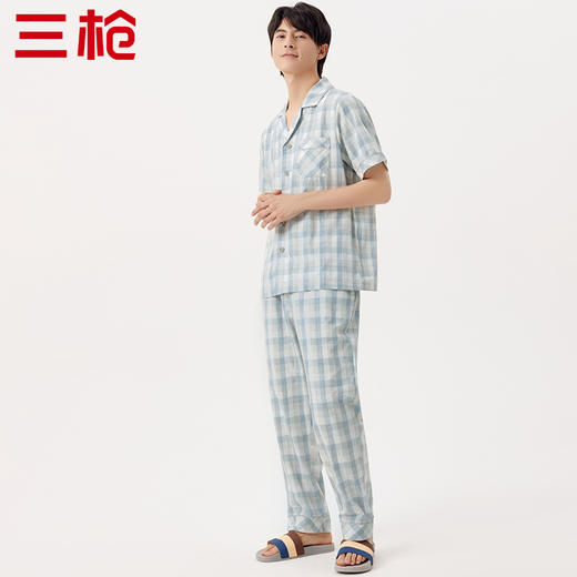 Threegun三枪 【高支纯棉】彩格翻领开襟短袖长裤男士家居套家居服-82073D011 商品图1