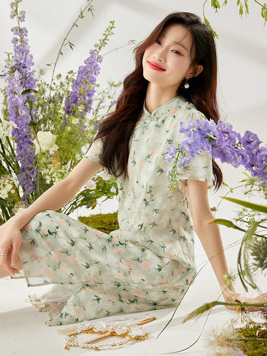 【专属特价】熙世界改良旗袍裙年轻款气质温柔风高端夏季新款新中式雪纺连衣裙 商品图2