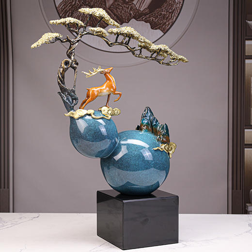 E-QK-BJ1022福禄双全 纯铜摆件葫芦松鹿 纯铜热着色 商品图1