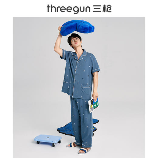 Threegun三枪 【水柔棉】翻领开襟短袖长裤男士家居套家居服-80781D111 商品图3