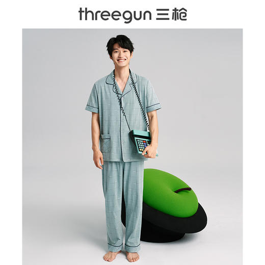 Threegun三枪 【水柔棉】翻领开襟短袖长裤男士家居套家居服-80781D111 商品图7