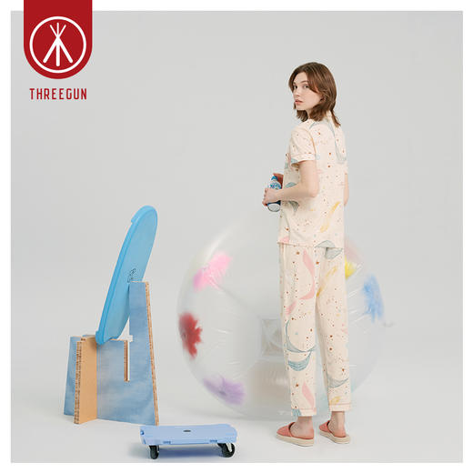 Threegun三枪 【水柔棉】翻领开襟短袖长裤女士家居套家居服-81702D111 商品图4