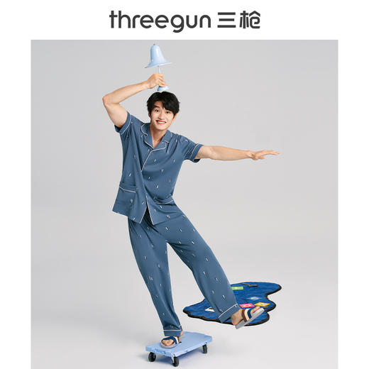 Threegun三枪 【水柔棉】翻领开襟短袖长裤男士家居套家居服-80781D111 商品图1