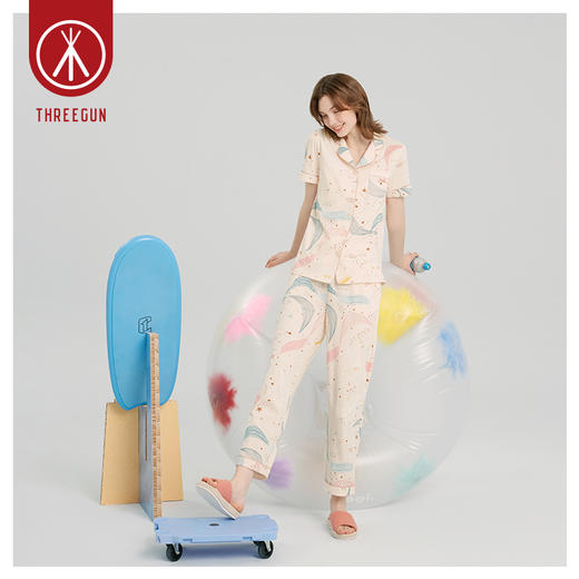 Threegun三枪 【水柔棉】翻领开襟短袖长裤女士家居套家居服-81702D111 商品图2