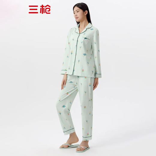 Threegun三枪 【水柔棉】翻领开襟长袖长裤女士家居套家居服-81852D111 商品图2