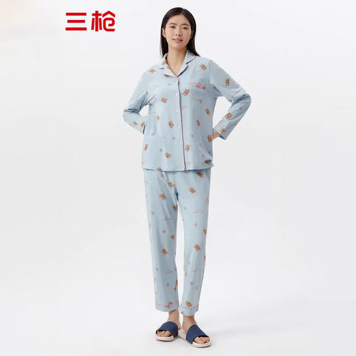 Threegun三枪 【水柔棉】翻领开襟长袖长裤女士家居套家居服-81852D111 商品图0