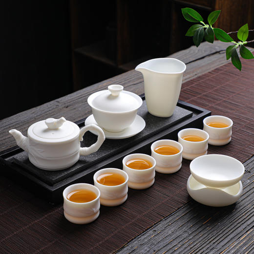 B-TP-8007/8005 竹韵 貔貅羊脂玉瓷 14头套装茶具 商务送礼皮质礼盒高端茶具 商品图2