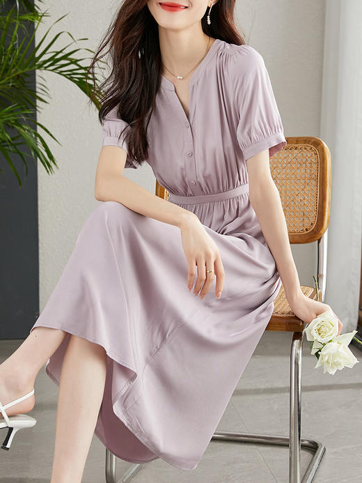 【专属特价】熙世界气质温柔风连衣裙女夏新款纯色收腰泡泡袖裙子高级感 商品图1