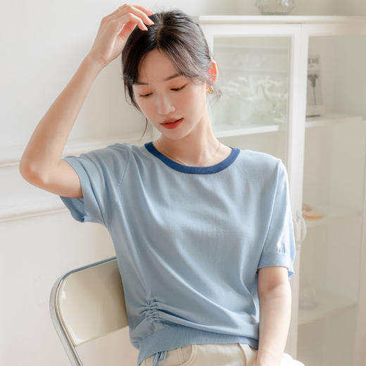 【两件立减19元】夏季针织衫薄款女冰丝上衣圆领抽绳设计透气短袖多色 商品图1