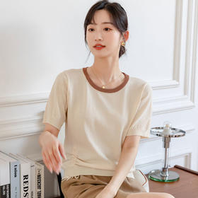 【两件立减19元】夏季针织衫薄款女冰丝上衣圆领抽绳设计透气短袖多色