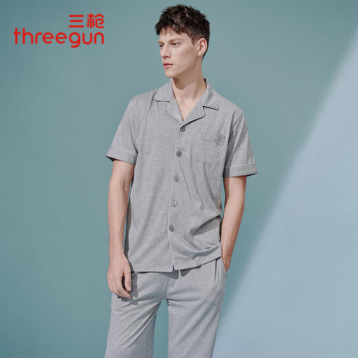 Threegun三枪 【水柔棉】翻领开襟短袖长裤男士家居套家居服-81657D911 商品图1