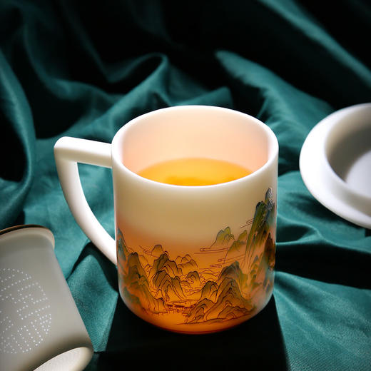 徐建勇青绿江山茶水分离泡茶杯羊脂玉高端男士杯子 商品图2